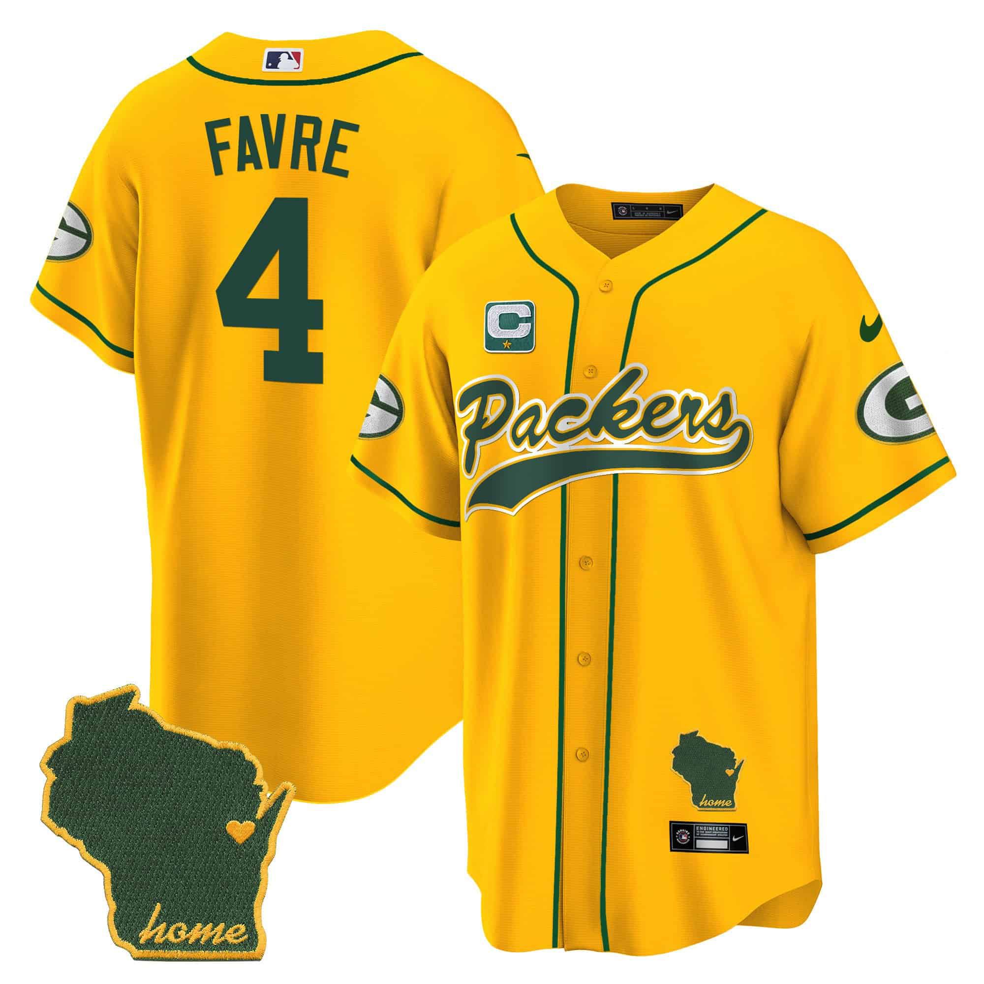 Men Green Bay Packers #4 Favre Yellow 2024 Nike Home Patch Baseball NFL Jersey